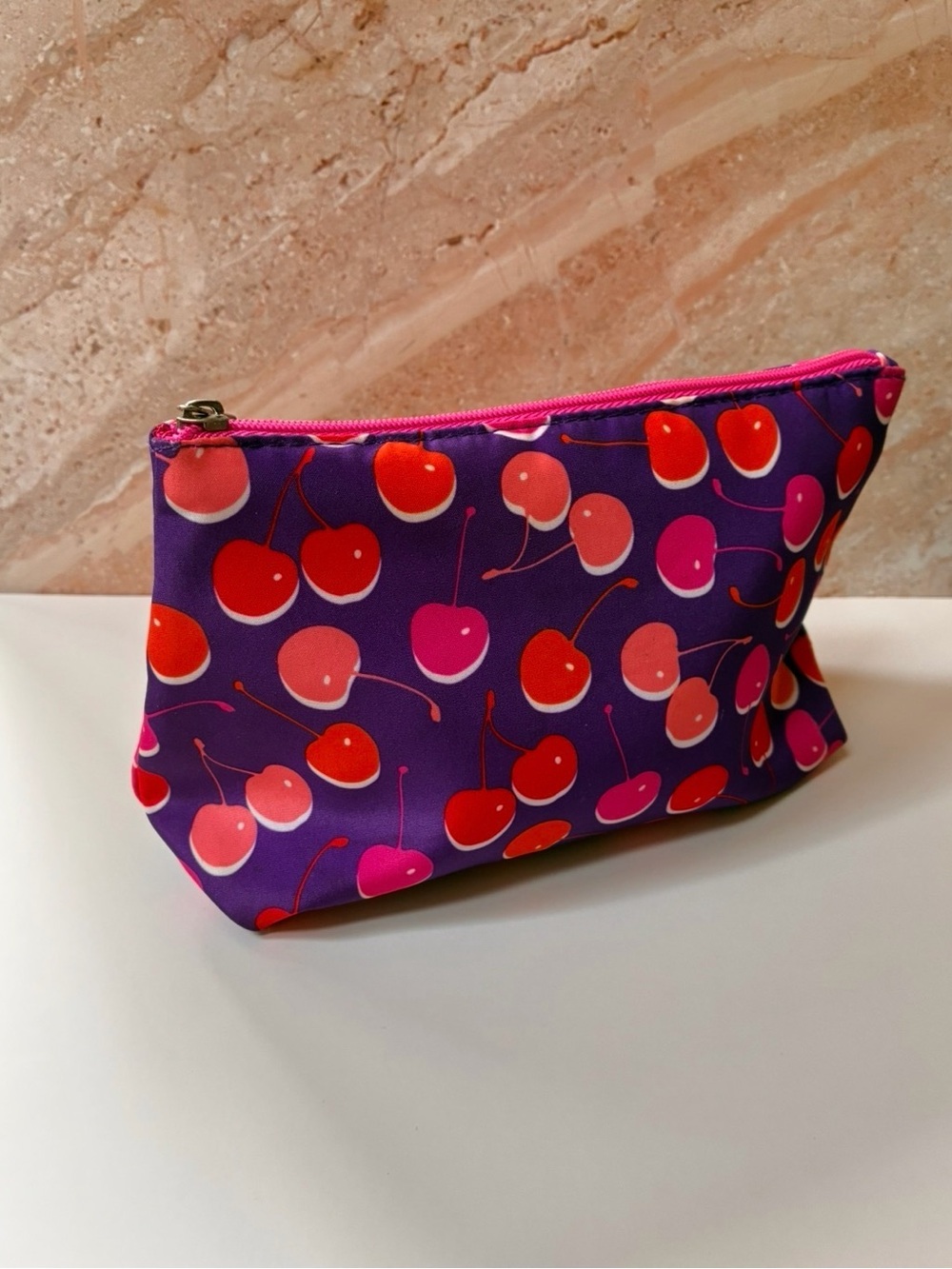Clinique Purple Cherry Print Cosmetic Pouch with Pink Trim